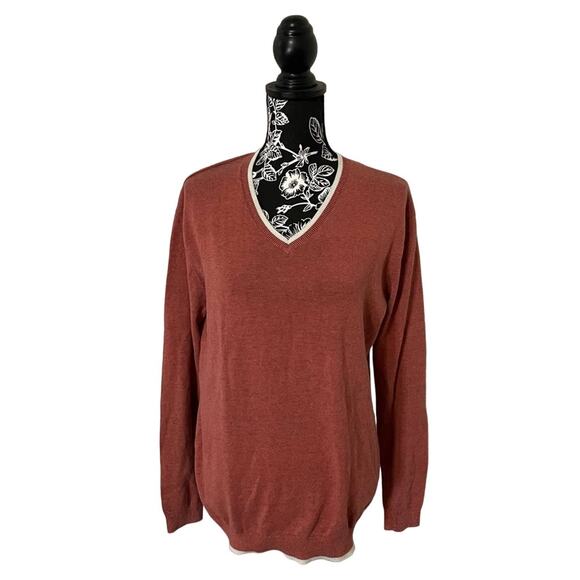 OSCAR Oscar de la Renta V-Neck Cotton Pullover Heather Sweater Rust Orange Large - Picture 1 of 9
